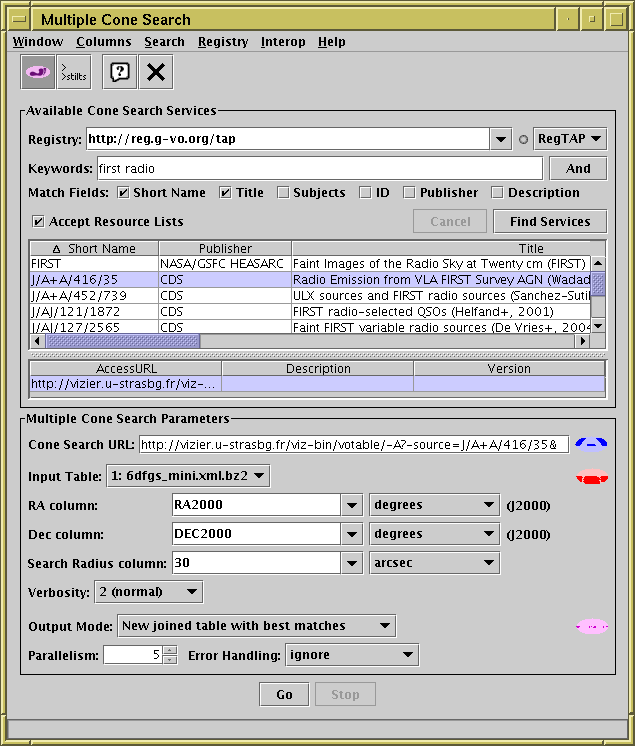 Multiple cone search window