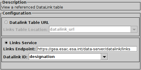 Configuration for View Datalink Table action